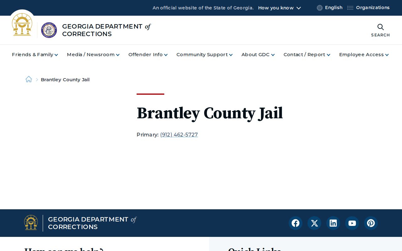 Official Brantley County jail booking contact entry