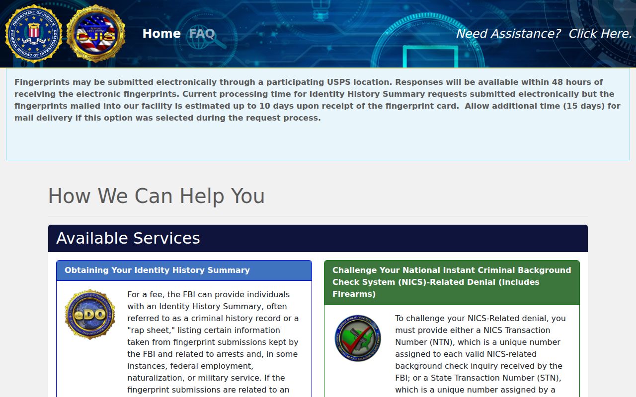 Official FBI electronic Identity History Summary ordering portal