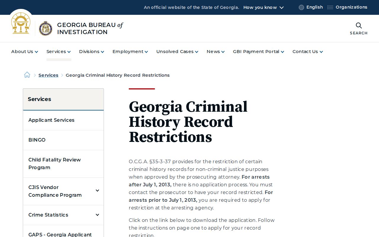 Official GBI criminal history record restriction overview